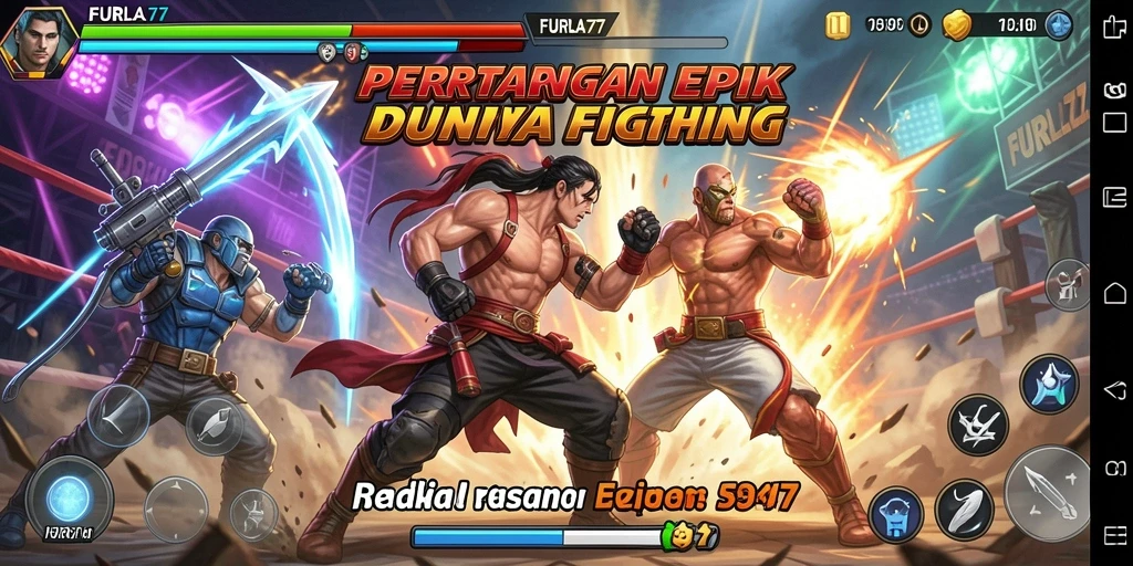 Screenshot gameplay FURLA77 menampilkan pertarungan seru dengan karakter yang beragam.