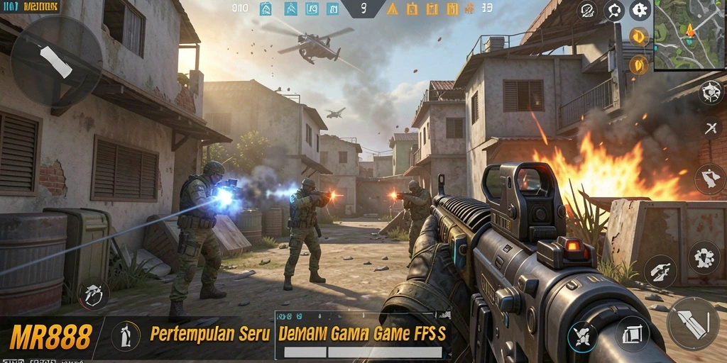 Tangkapan layar MR888 menunjukkan aksi menembak yang mendebarkan dalam permainan FPS.