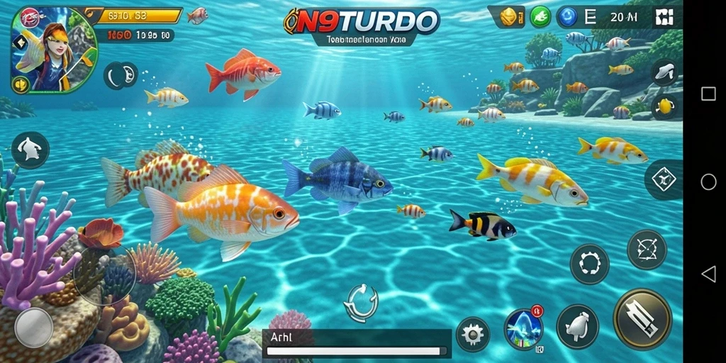 Screenshot gameplay N9TURBO dengan ikan yang berwarna-warni.