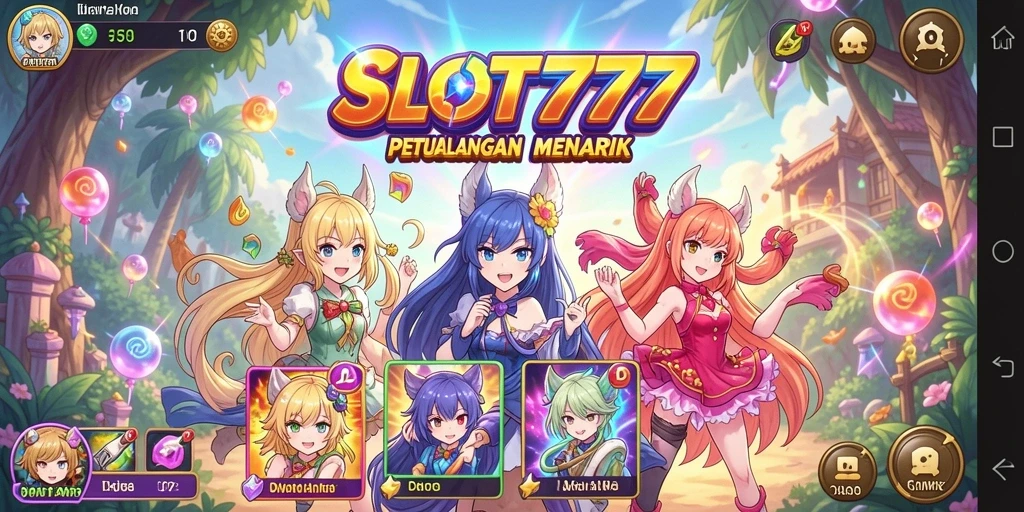 Tangkapan layar SLOT777 menampilkan gameplay yang penuh warna dan karakter anime yang menghibur.