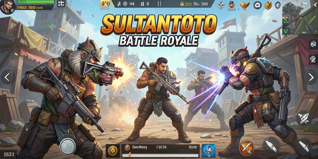 Tangkapan layar utama SULTANTOTO menampilkan aksi pertempuran Battle Royale yang intens.