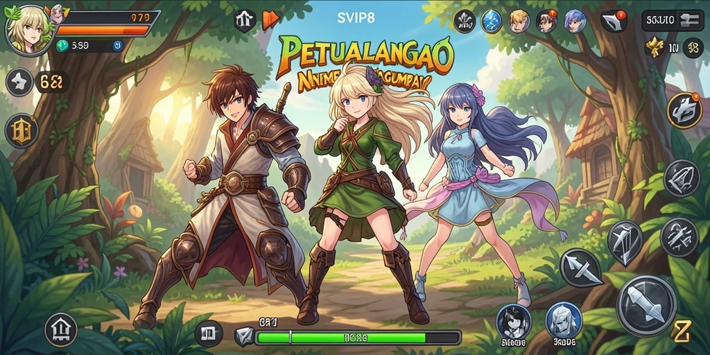 Screenshot gameplay SVIP8 menampilkan pertempuran seru dengan karakter anime.